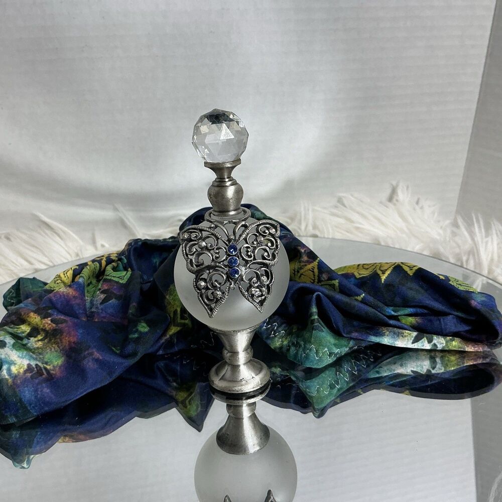 Vintage Frosted W/ Pewter & Blue Rhinestone Butterfly W/ Clear Crystal Stopper